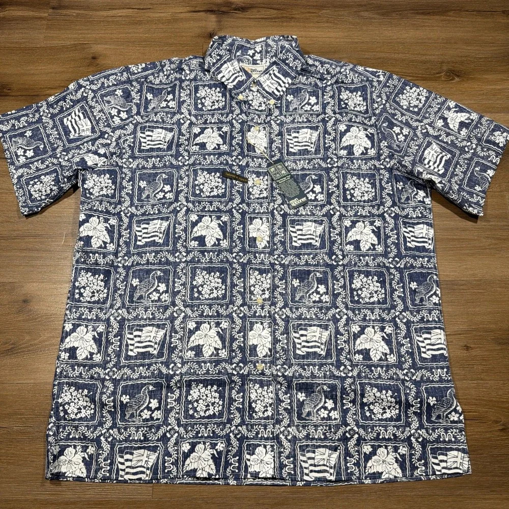 REYN SPOONER Shirt HAWAIIAN Size 2XL Cotton Polyester LAHAINA Denim Blue NWT